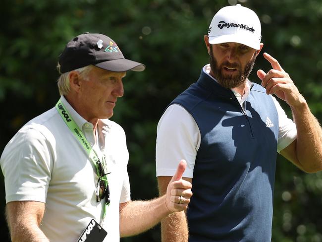 ST ALBANS, ENGLAND - JUNE 10: LIV Golf CEO Greg Norman pictured with Dustin Johnson of The United States and Phil Mickelson of the United States during the LIV Invitational at The Centurion Club on June 10, 2022 in St Albans, England. (Photo by Matthew Lewis/Getty Images)