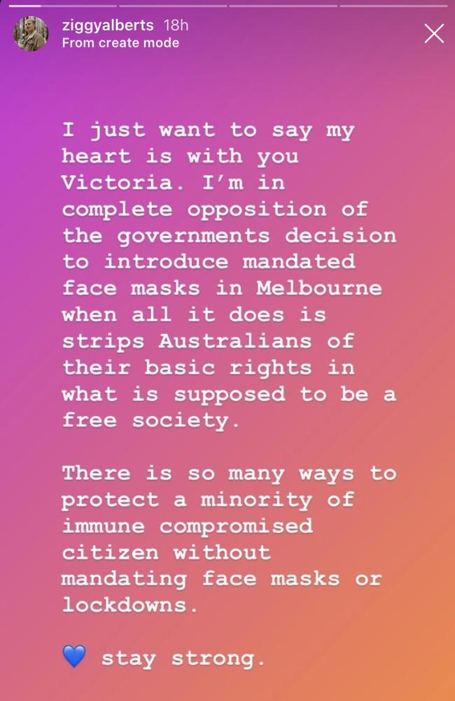 Musician Ziggy Alberts has slammed Victoria’s new face mask policy on Instagram.