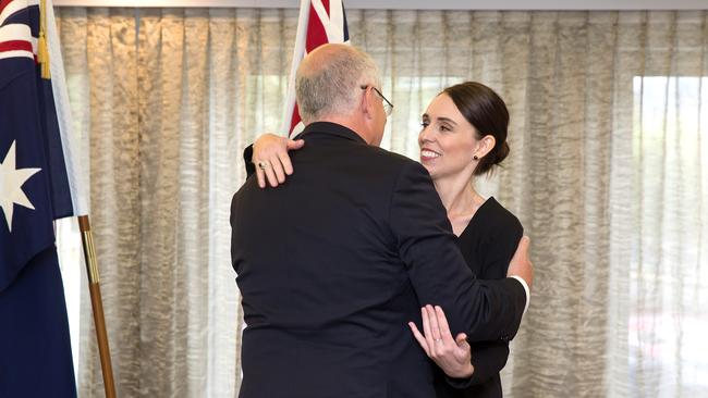 Australian Prime Minister Scott Morrison and New Zealand Prime Minister Jacinda Ardern hug following the National Remembrance Service for those killed in the Al Noor Mosque and the Linwood Islamic Centre shooting in Christchurch. Picture: AFP