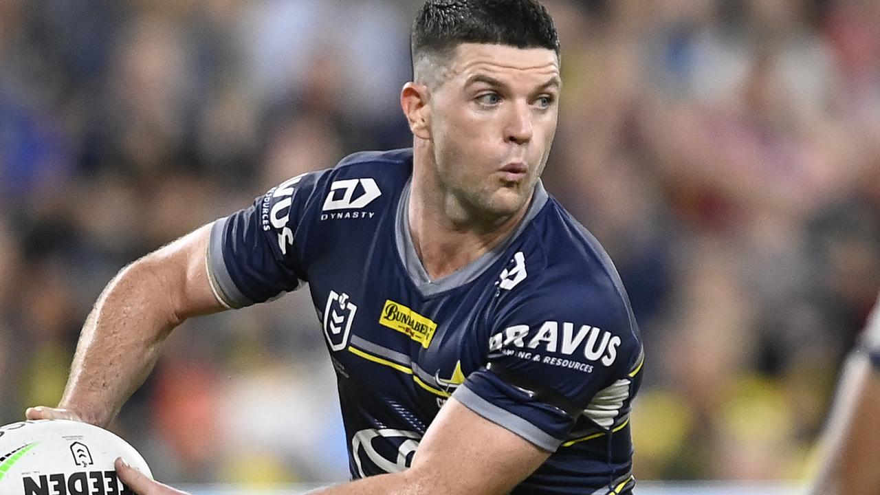 TOWNSVILLE, AUSTRALIA - MAY 21: Chad Townsend of the Cowboys runs the ball during the round 11 NRL match between the North Queensland Cowboys and the Melbourne Storm at Qld Country Bank Stadium, on May 21, 2022, in Townsville, Australia. (Photo by Ian Hitchcock/Getty Images)