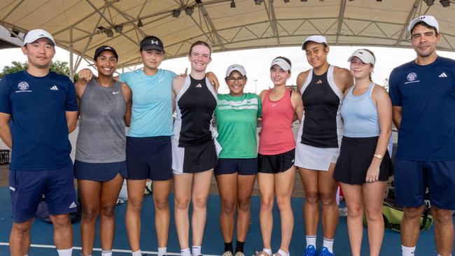 Meriden School Team from Sydney at the qualifying round of the 2025 Tennis NT Darwin Junior International. Picture: Pema Tamang Pakhrin