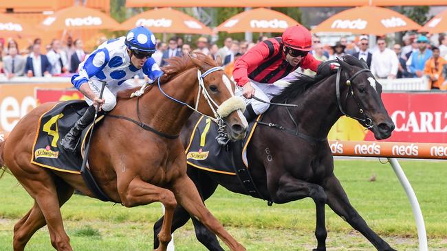 Autumn Angel (left) reels in Tropical Squall to win the Ethereal Stakes at Caulfield on Saturday. Picture: Reg Ryan/Racing Photos via Getty Images