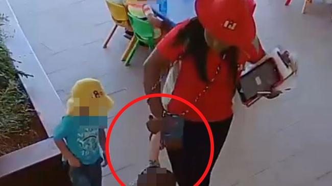 The CCTV vision shows Elizabeth Ayika, who was in the first week of her new job at the time, forcefully grabbing the child by the face twice before pulling him from the floor.