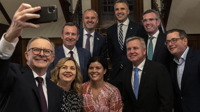 Prime Minister Anthony Albanese hosts premiers and chief ministers at The Lodge in Canberra on the eve of his first National Cabinet., Annastacia Palaszczuk (QLD), Natasha Fyles (NT), Mark McGowan (WA), Andrew Barr (ACT), Peter Malinauskas (SA), Dominic Perrottet (NSW), Jeremy Rockliff (TAS) and Daniel Andrews (VIC)