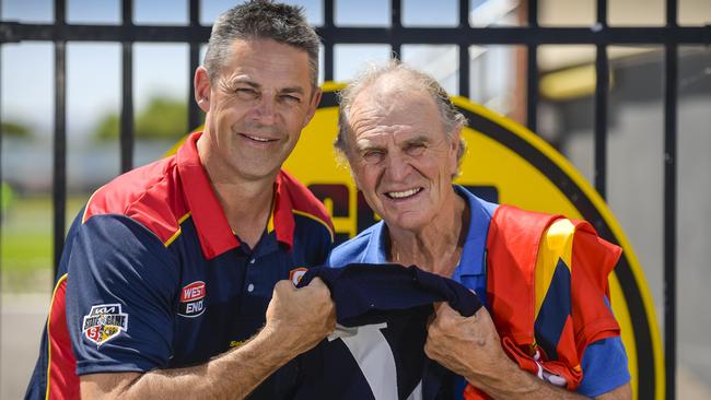 SANFL state coach Jade Rawlings (left) and Glenelg legend Graham Cornes at the Bay Oval, where the SANFL will play the VFL in an interstate clash on April 6. Picture: Roy VanDerVegt