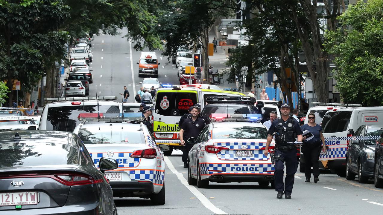 Police have created a crime scene blocking off Mary Street in front of the Westin hotel, Brisbane. Photographer: Liam Kidston.