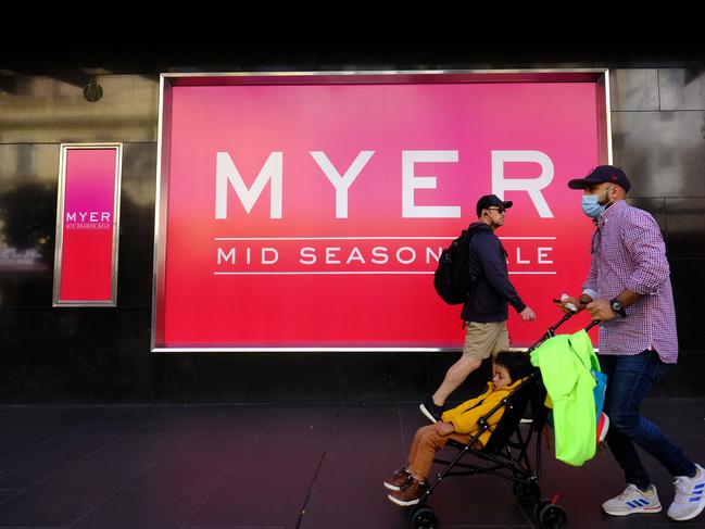 MELBOURNE , AUSTRALIA - NewsWire Photos  MARCH 14:  Generic photo of people walking past a Myer sign in Melbourne. Picture: NCA NewsWire/ Luis Ascui