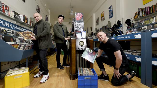 Hip-hop trio Hilltop Hoods at Clarity Records in Adelaide ahead of Record Store Day. L-R: DJ Debris (Barry Francis), Suffa (Matthew Lambert) and Pressure (Daniel Smith). Picture: Naomi Jellicoe