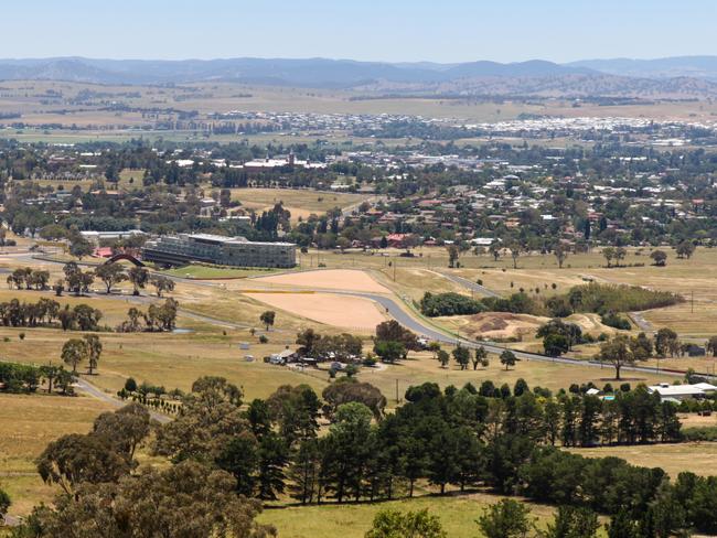 View of the regional country city of Bathurst from the famous Mount Panorama home of Australia's most famous motor car race. Bathurst is located in the central west region of New South Wales