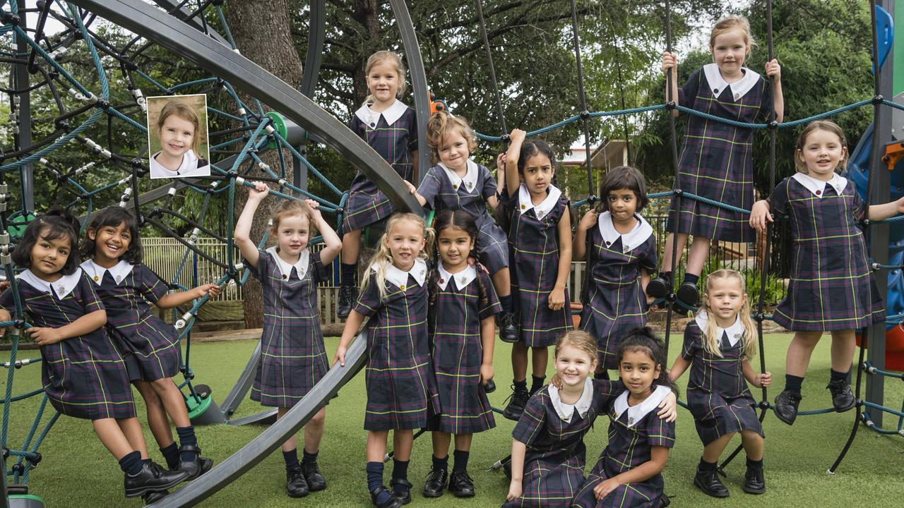 MY FIRST YEAR 2024: Fairholme College Prep students (from left) Evelyn Kaur, Eva Solanki, Imogen Collyer, Lyla Neville, Stella Valdal, Gracy Maan, Dulcie Millers (back), Hinaya Saini, Anneke Brumpton, Ciana Vimal, Aleena Mohamed Ali, Iona Pihl (back), Isla Watts and Audrey Blatchley. Inset is Talulah Smith, Friday, February 9, 2024. Picture: Kevin Farmer