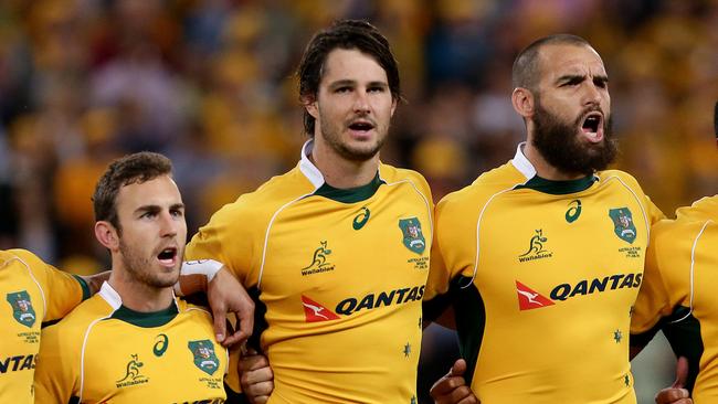 Sam Carter (middle). The Wallabies vs France at Suncorp Stadium in Brisbane. Pic Peter Wallis