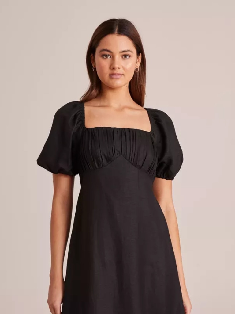 Ralaxed V Neck Button Up Puff Sleeve Linen Blend Midi Dress - Off