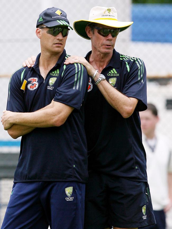 Stuart Clark and coach John Buchanan. Picture: Peter Wallis