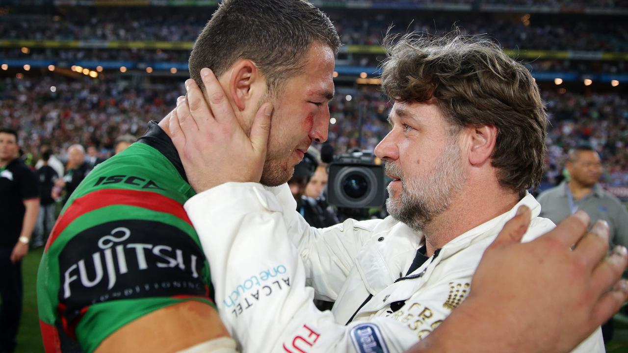 Sam Burgess with Russell Crowe during the 2014 NRL Grand Final. Picture: Gregg Porteous