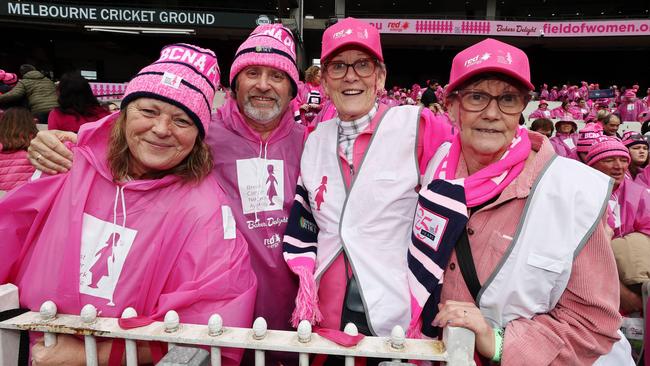 Friends Jann Wright, Bryce Wright, Sue Beckwith and Christina Hughes don their best bright pink outfits to honour those lost to breast cancer. Picture: Michael Klein