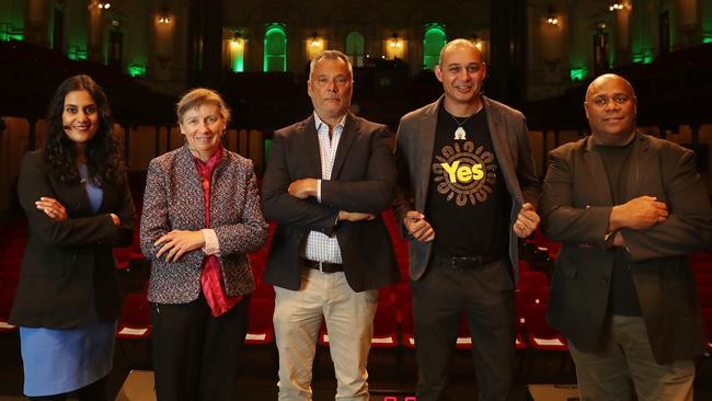 Prominent voice campaigners Shireen Morris, Anne Twomey, Stan Grant, Thomas Mayo and Shane Phillips at the Sydney Town Hall for the Voice-City Forum in July last year. Picture: John Feder/The Australian.