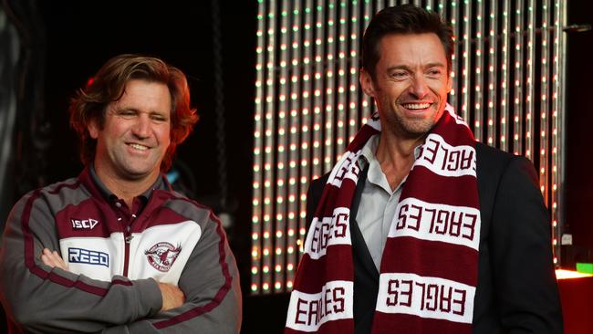 Manly coach Des Hasler and Hugh Jackman, who is a fanatical Sea Eagles fan. Picture: Matt King/Getty Images