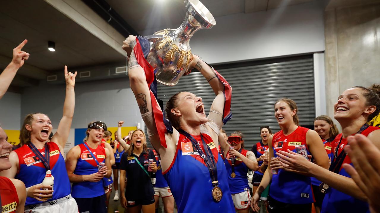 Tayla Harris celebrates after winning the AFLW grand final. Picture: Getty Images