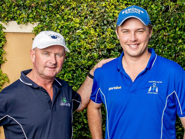 TO BE HELD FOR THE GOLD COAST BULLETIN'S MAGIC MILLIONS LIFTOUT ON SATURDAY. Father and son team Toby and Trent Edmonds at their stables on the Gold Coast ahead of Magic Millions race day. Picture by Luke Marsden.