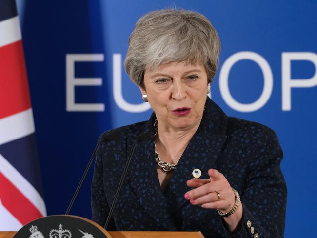 BRUSSELS, BELGIUM - MARCH 21: British Prime Minister Theresa May speaks to the media at the end of the first of a two-day summit of European Union leaders on March 21, 2019 in Brussels, Belgium. Leaders will discuss May's request for an extension of the deadline for the United Kingdom's departure from the EU, or Brexit. European Council President Donald Tusk said yesterday that he can see member states agreeing to a short extension beyond March 29, though he has coupled an extension to the British Parliament passing Theresa May's Brexit agreement first. (Photo by Sean Gallup/Getty Images)