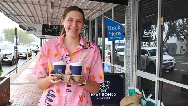 Tuesday February 12.. Heavy rain causes flooding in North Queensland. Groper Creek, near Home Hill cut off by flooding. Mackenzie Linton at Home Hill News and Coffee. Picture: Evan Morgan