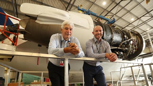 Alliance Airlines’ managing director Scott McMillan, left, and CEO Lee Schofield believe they can legally expect all employees to have the Covid-19 vaccination. Picture: Lyndon Mechielsen