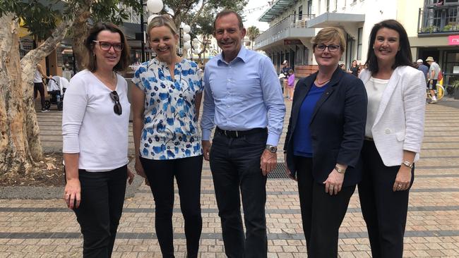 From left Anne Ruston, Sussan Ley, Mr Abbott, Linda Reynolds and Jane Hume. Picture: Ben James