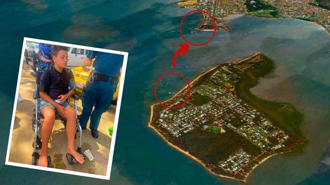 It took nearly three hours to get Tyler Johnson, 12, to Redland Hospital from Coochiemudlo Island, pictured, after he was stung by a stonefish. Pictures: Contributed and Google Earth