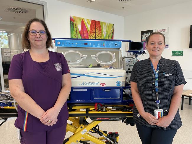 Mackay Base Hospital’s clinical nurse consultant Louise Johnson and Mater Private’s senior clinical midwife Claire Dean present the new neonatal transfer cot to help care for premature and sick infants. Photo: Zoe Devenport