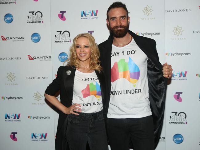 Kylie Minogue and Joshua Sasse at the ARIA Awards in Sydney in 2016. Picture: Cole Bennetts/Getty Images