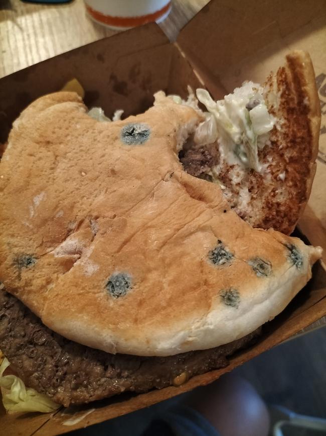 Amber Lelliott, 25, says she was served a mouldy burger from Hungry Jack’s DFO Cairns. Picture: Supplied.