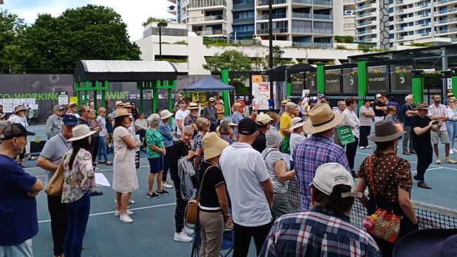 Residents rally at Kangaroo Point on Saturday against undemocratic town planning laws. Picture: Ross Hanson