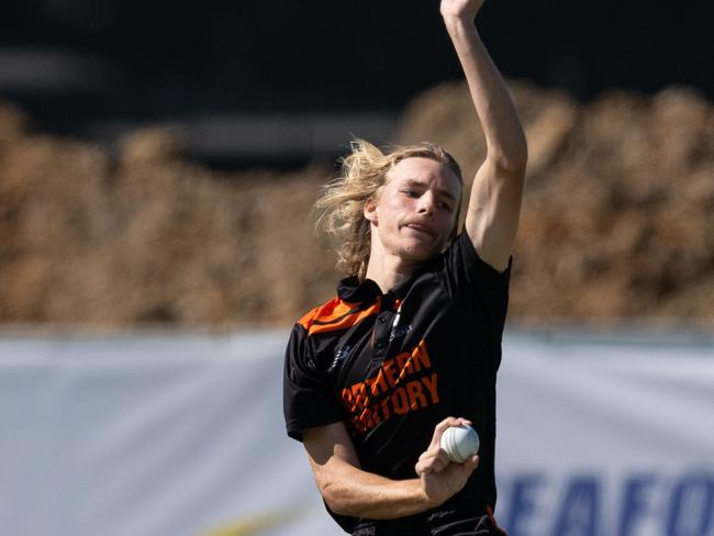 Charlie Kemp bowls for the Northern Territory at the Under 19 national championships. Picture: NT Cricket.