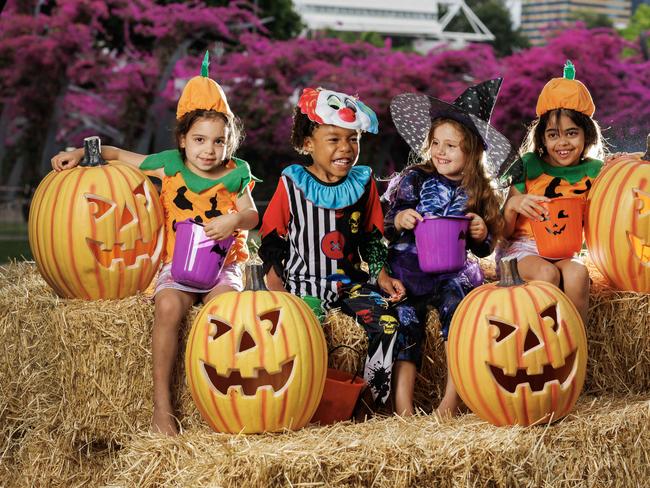 Lila Duarte 5, Zephyr Taylor 6, Arabella Morrissey 5, and Aria Duarte 7, get ready for EatSouthBank’s Halloween celebrations this Friday and Saturday night in the parklands. Picture Lachie Millard