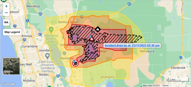 The bushfire emergency warning area prior to Friday afternoon’s downgrade. Picture: Emergency WA