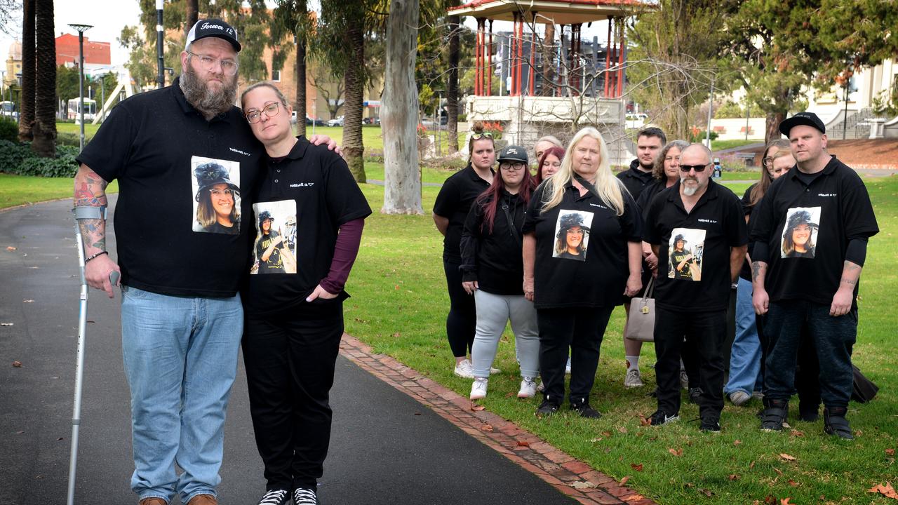 Parents of Mia Rossiter, Paul (PJ) and Dani Rossiter, with family and supporters in Geelong last month. Picture: NewsWire / Andrew Henshaw