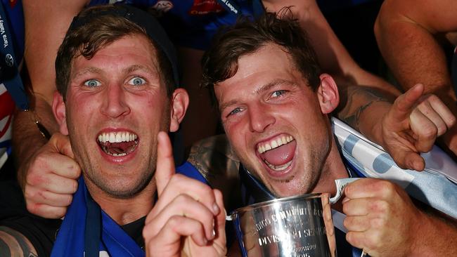 Robbie Ross celebrates the 2015 Yarra Valley premiership with Jarrod Bayliss. Picture: Colleen Petch