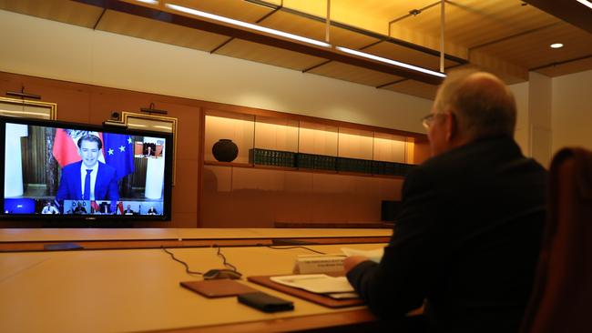 Prime Minister Scott Morrison participates in last night's “first movers” meeting. Picture: PMO