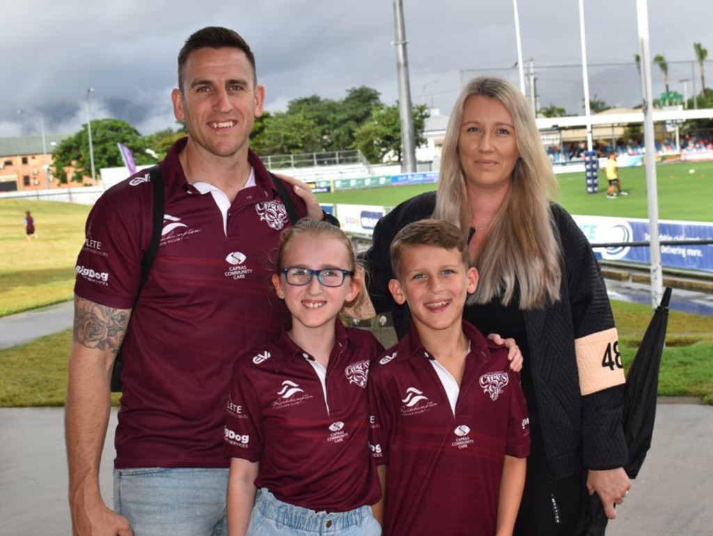 The McMillan family - Ty, Ash, Harper and Beckett - at the Capras menâ&#128;&#153;s and womenâ&#128;&#153;s season openers at Browne Park, Rockhampton, on March 11, 2023.