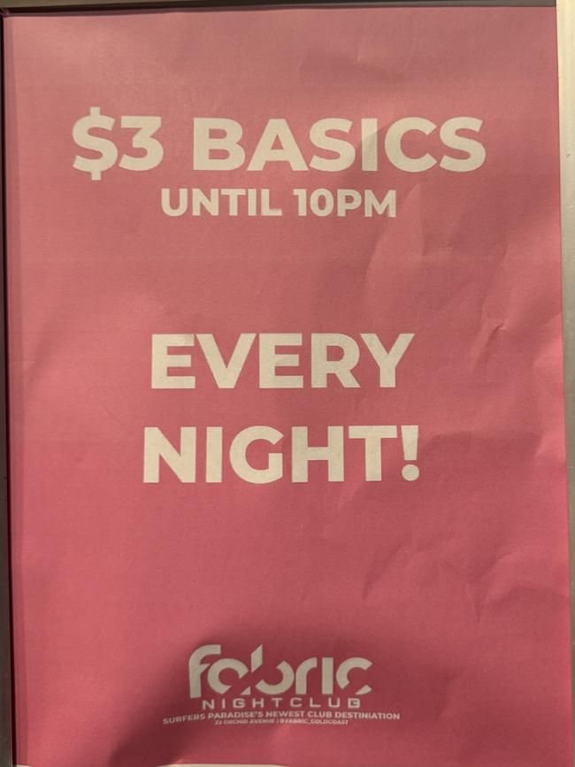 Fabric Nightclub's advertisement for $3 drinks earlier this year. Picture: Supplied