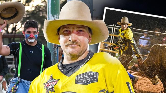 Rodeo protection athlete Harley Schofield says he steps in front of bulls weighing more than half a tonne because it is his passion. Picture: Redhot Photography, Heidi Petith