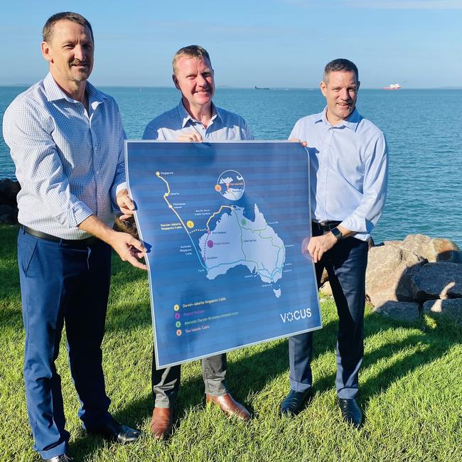 Vocus. Michael Nyhuis Territory Manager at Vocus Communications, NT Minister for Small Business Paul Kirby, NT Investment Commissioner Andy Cowan with the route the Vocus undersea cable. Picture: Gary Shipway