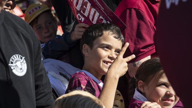 Jensen Spaul gets a photo with Kurt Capewell at Queensland Maroons fan day at Toowoomba Sports Ground, Tuesday, June 18, 2024. Picture: Kevin Farmer