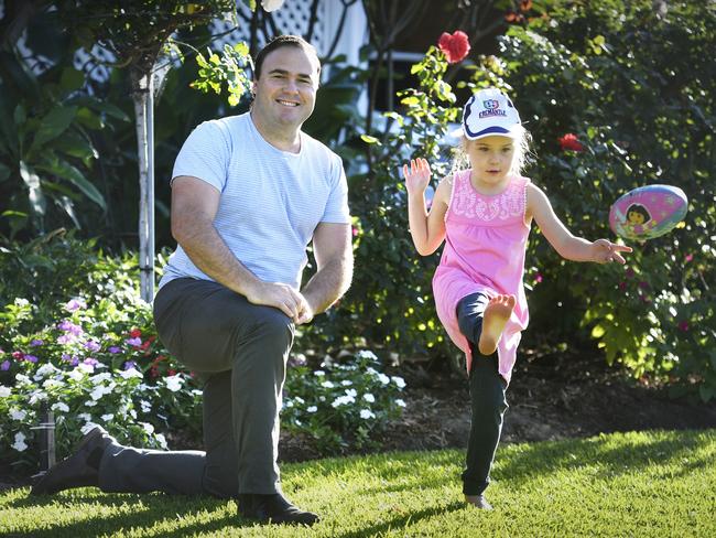 Fremantle AFLW assistant coach Paul Hasleby and his daughter Stella who now is keen to play AusKick. Picture: Ian Munro