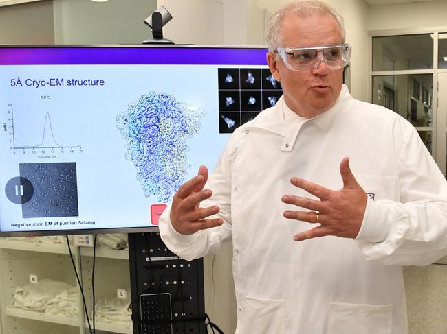 Prime Minister Scott Morrison at the University of Queensland’s vaccine lab on Monday. Picture: AAP