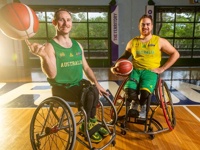 Tom O'Neill-Thorne and Clarence McCarthy-Grogan are part of the men’s Australian Wheelchair Basketball team, which is in Darwin for training ahead of the Tokyo Paralympics. Picture: Che Chorley