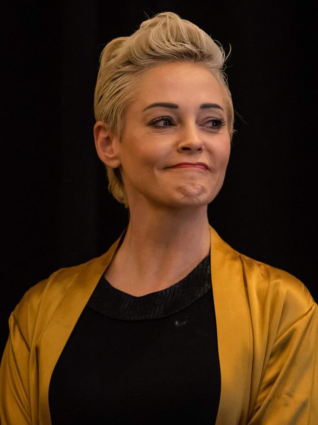 Rose McGowan at a press conference with Larry Elder in LA. Picture: AFP