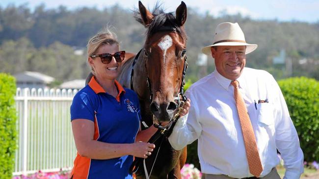 South Australian trainer Tony McEvoy with winning filly Hills at the Ipswich racetrack. Picture: Claire Power