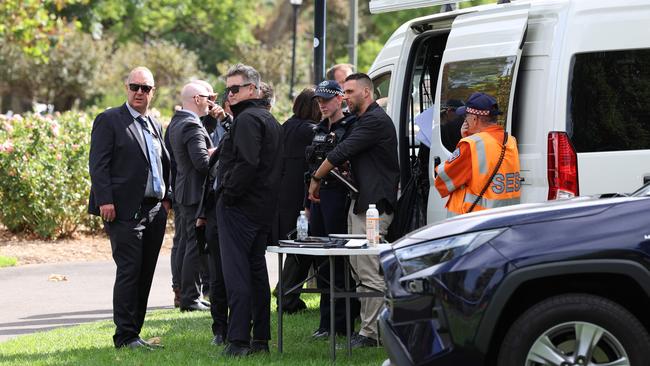 Police, Detectives and SES members at Brougham Gardens, Brougham Place, Adelaide where the death of a man in the Gardens is being investigated. Picture: Emma Brasier