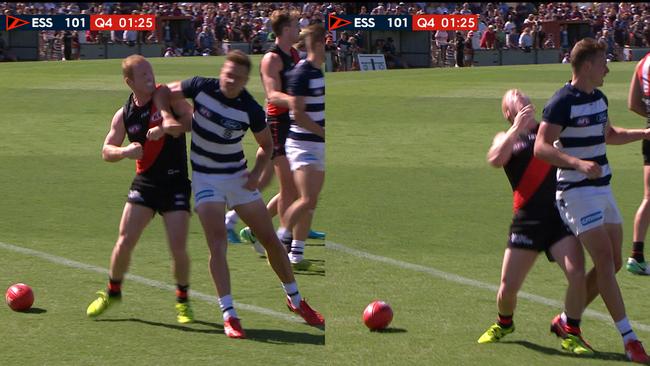 Essendon's Josh Green was fined for exaggerating contact from Geelong's Mitch Duncan.